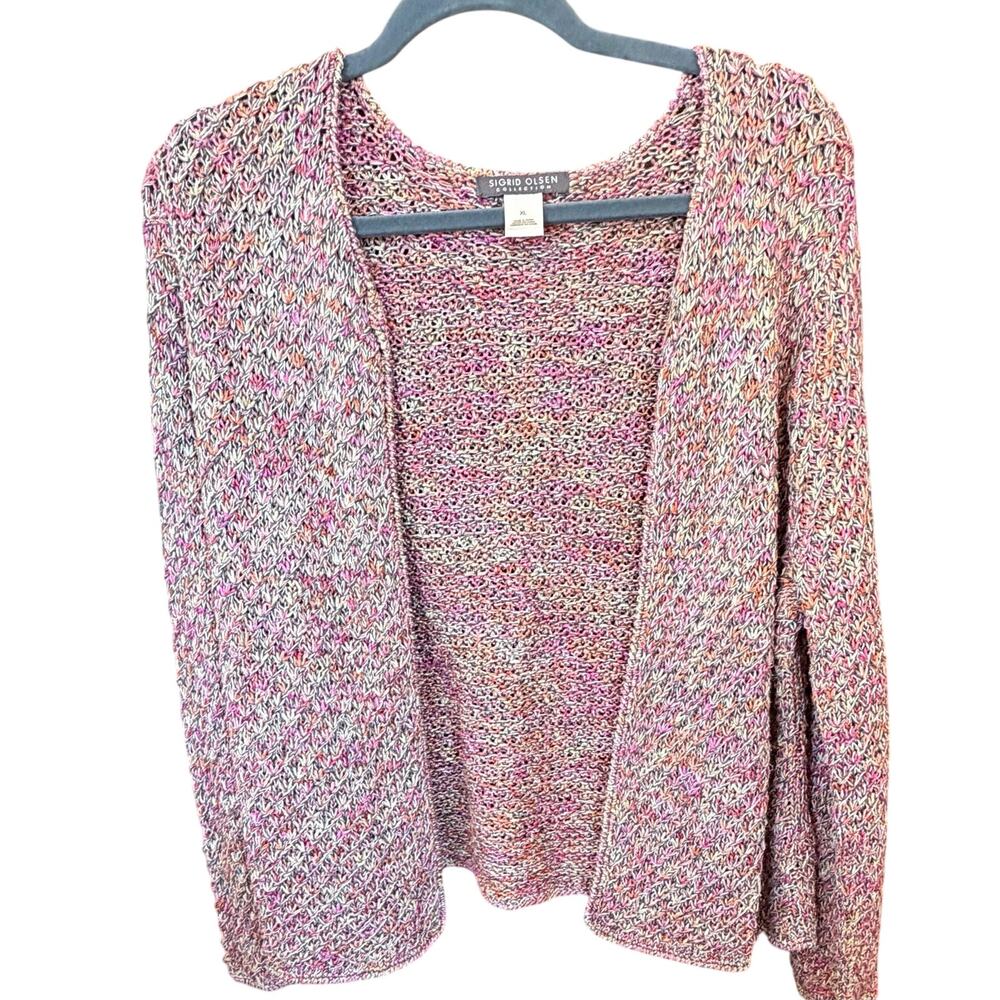 Sigrid Olsen XL Multicolor Open Front Cardigan silk Linen Grandmacore Work Wear